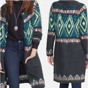Free People Fair Isle Long Line Cardigan Sweater XS Mohair Wool Boho Coatigan